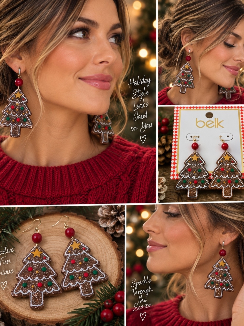 Belk NWT Christmas Tree Gingerbread Glitter Dangle Earrings Holiday Statement